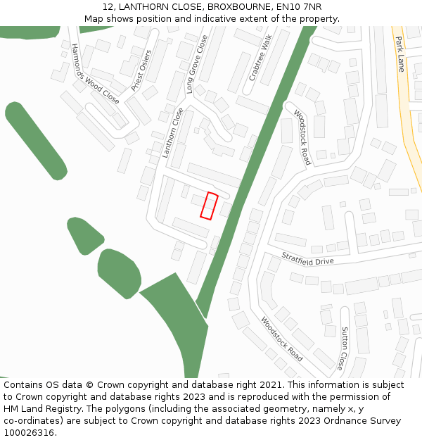 12, LANTHORN CLOSE, BROXBOURNE, EN10 7NR: Location map and indicative extent of plot