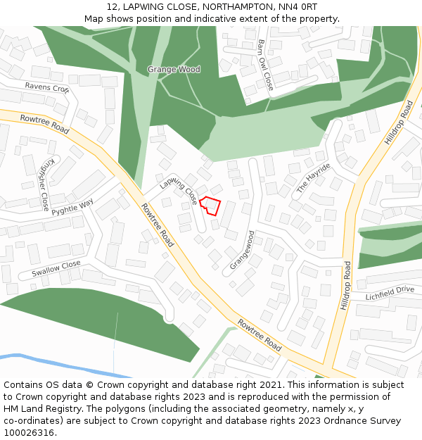 12, LAPWING CLOSE, NORTHAMPTON, NN4 0RT: Location map and indicative extent of plot