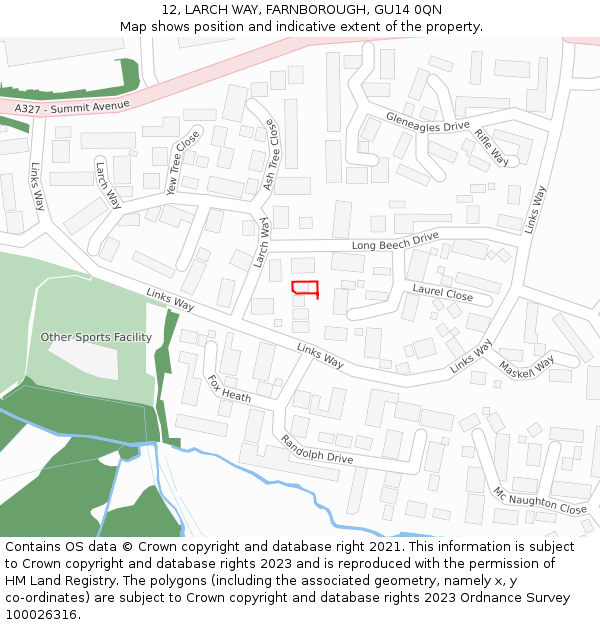 12, LARCH WAY, FARNBOROUGH, GU14 0QN: Location map and indicative extent of plot