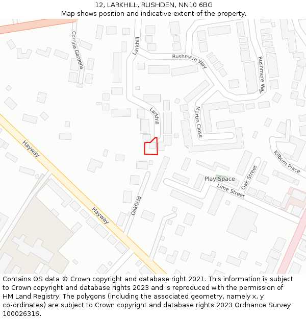 12, LARKHILL, RUSHDEN, NN10 6BG: Location map and indicative extent of plot