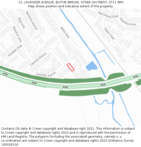 12, LAVENDER AVENUE, BLYTHE BRIDGE, STOKE-ON-TRENT, ST11 9RN: Location map and indicative extent of plot