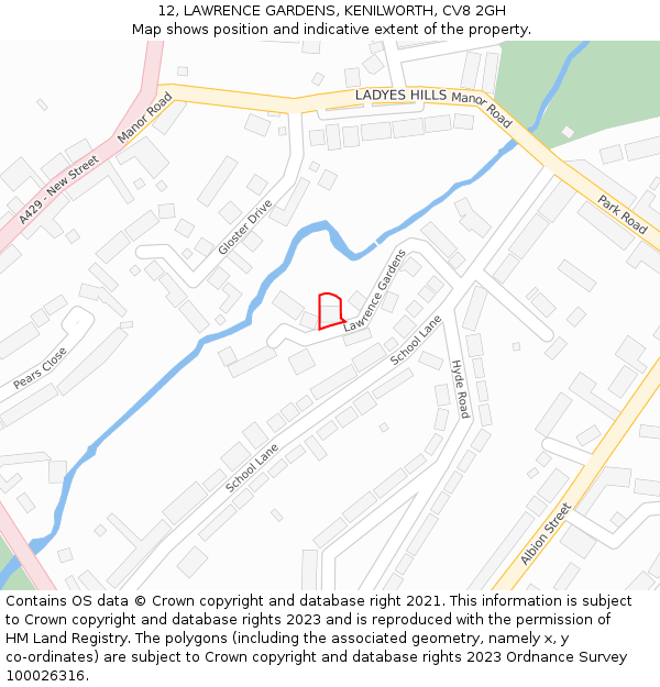 12, LAWRENCE GARDENS, KENILWORTH, CV8 2GH: Location map and indicative extent of plot