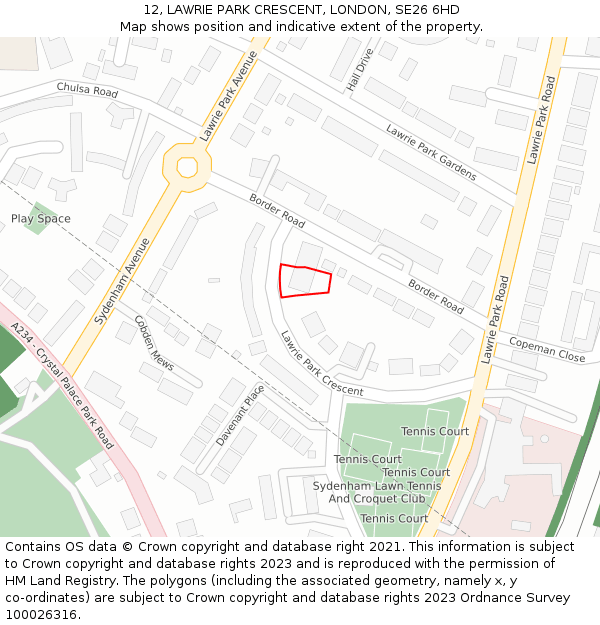 12, LAWRIE PARK CRESCENT, LONDON, SE26 6HD: Location map and indicative extent of plot