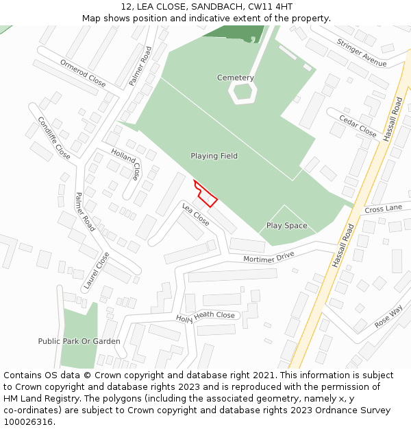 12, LEA CLOSE, SANDBACH, CW11 4HT: Location map and indicative extent of plot