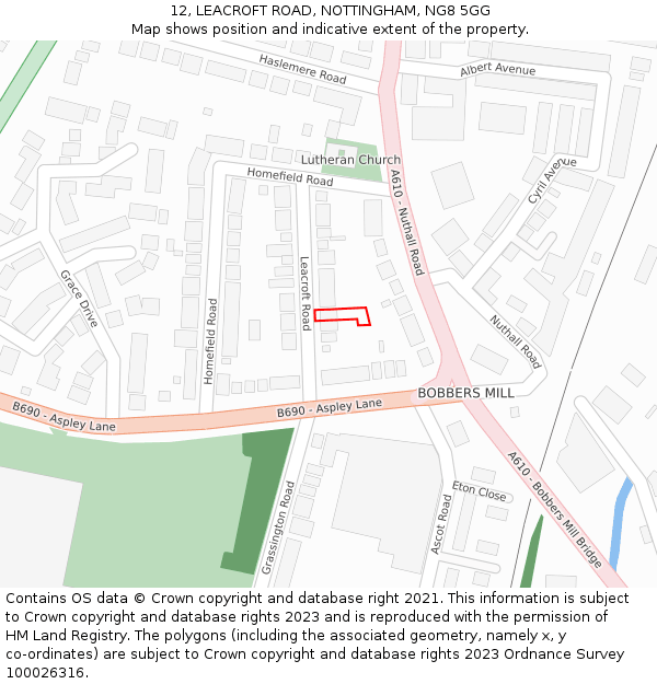 12, LEACROFT ROAD, NOTTINGHAM, NG8 5GG: Location map and indicative extent of plot