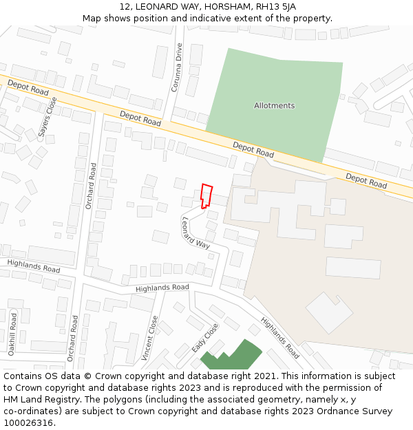 12, LEONARD WAY, HORSHAM, RH13 5JA: Location map and indicative extent of plot