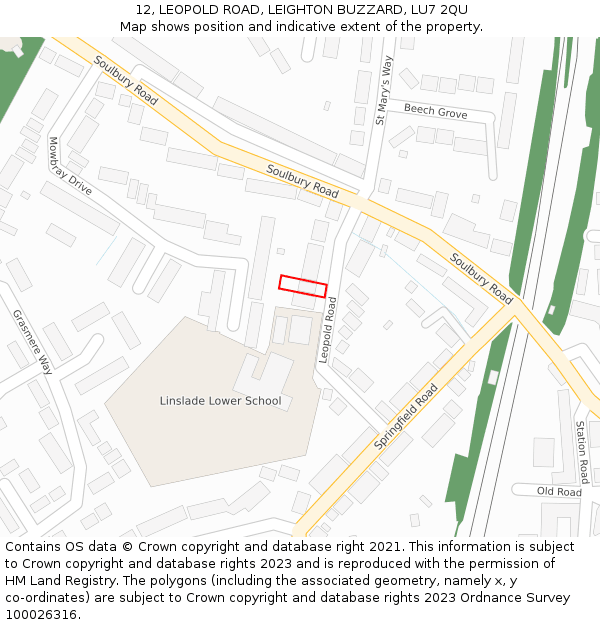 12, LEOPOLD ROAD, LEIGHTON BUZZARD, LU7 2QU: Location map and indicative extent of plot