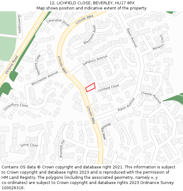 12, LICHFIELD CLOSE, BEVERLEY, HU17 8PX: Location map and indicative extent of plot