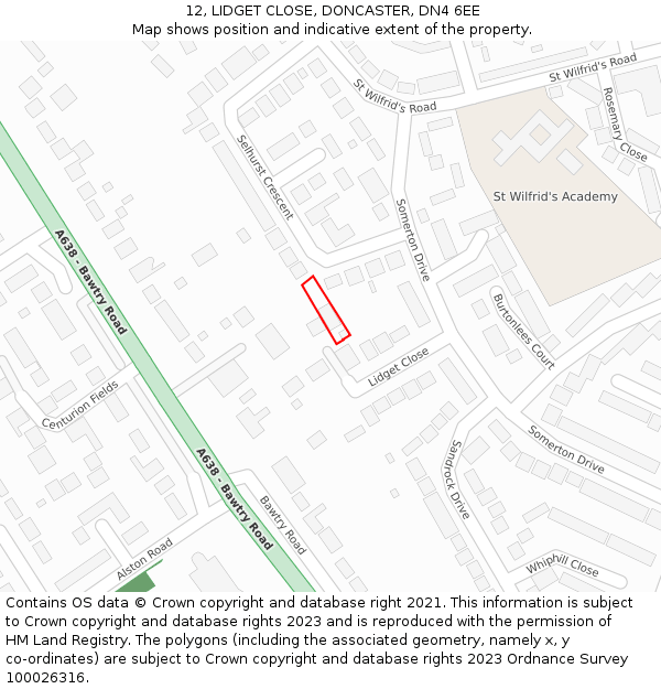 12, LIDGET CLOSE, DONCASTER, DN4 6EE: Location map and indicative extent of plot