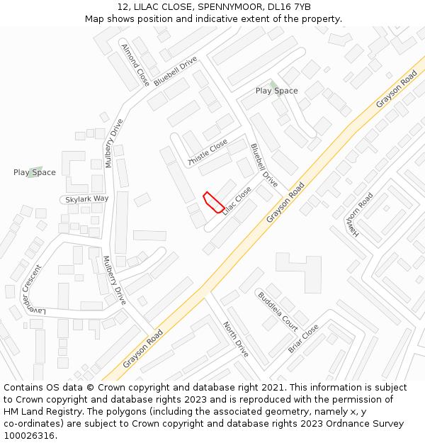 12, LILAC CLOSE, SPENNYMOOR, DL16 7YB: Location map and indicative extent of plot