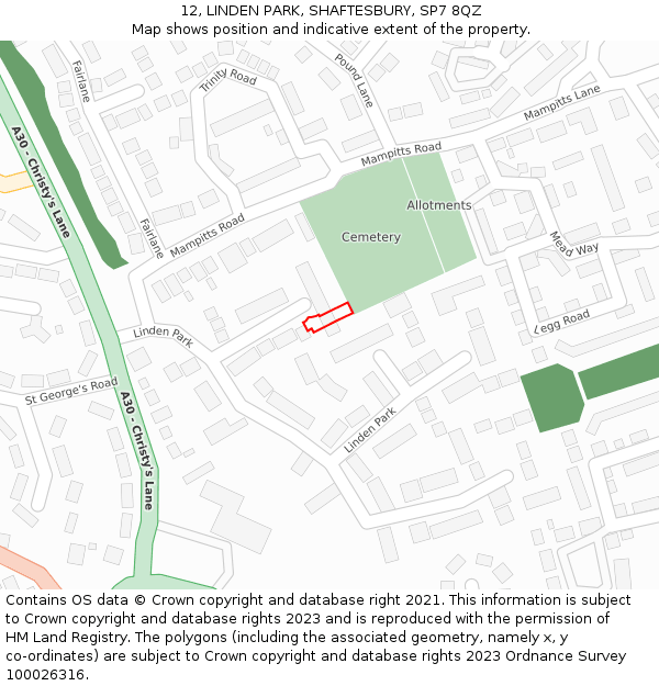 12, LINDEN PARK, SHAFTESBURY, SP7 8QZ: Location map and indicative extent of plot