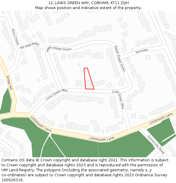 12, LINKS GREEN WAY, COBHAM, KT11 2QH: Location map and indicative extent of plot