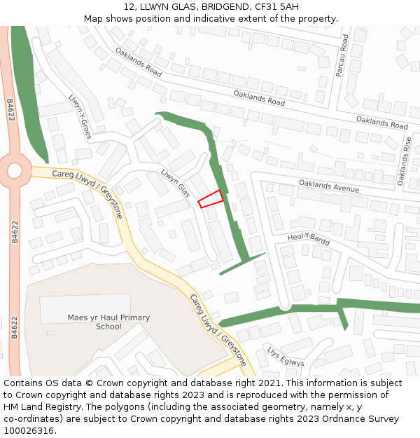 12, LLWYN GLAS, BRIDGEND, CF31 5AH: Location map and indicative extent of plot