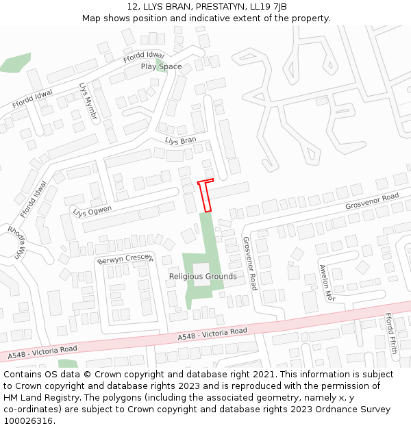 12, LLYS BRAN, PRESTATYN, LL19 7JB: Location map and indicative extent of plot