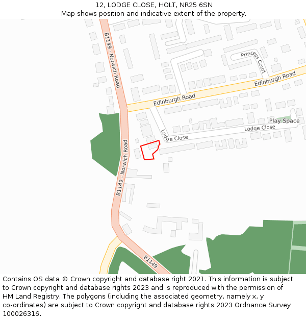 12, LODGE CLOSE, HOLT, NR25 6SN: Location map and indicative extent of plot