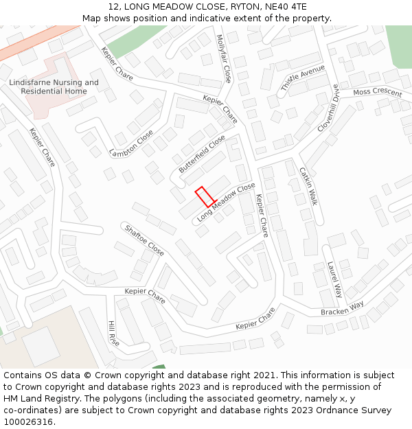 12, LONG MEADOW CLOSE, RYTON, NE40 4TE: Location map and indicative extent of plot