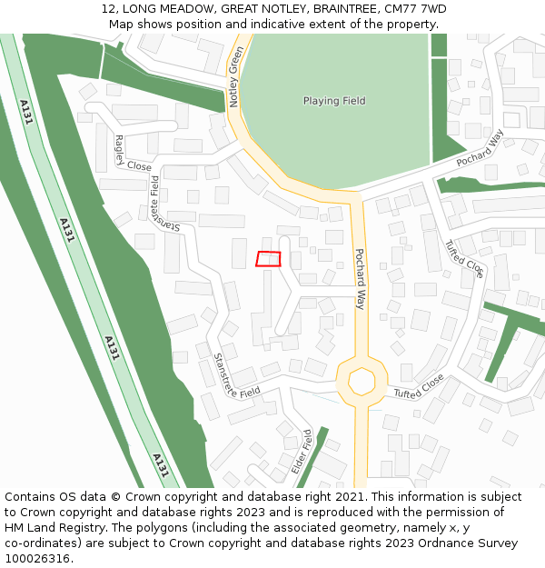 12, LONG MEADOW, GREAT NOTLEY, BRAINTREE, CM77 7WD: Location map and indicative extent of plot