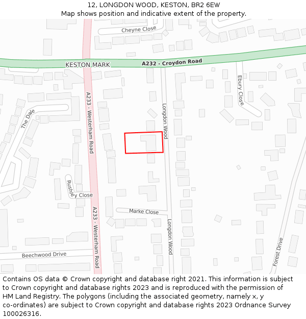 12, LONGDON WOOD, KESTON, BR2 6EW: Location map and indicative extent of plot