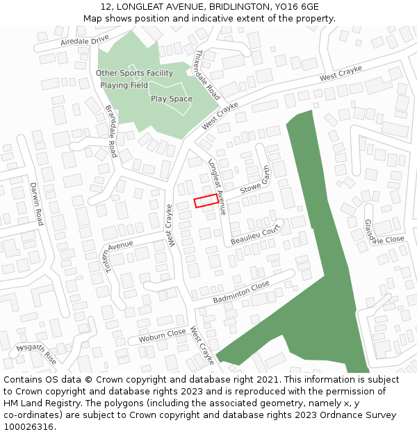 12, LONGLEAT AVENUE, BRIDLINGTON, YO16 6GE: Location map and indicative extent of plot