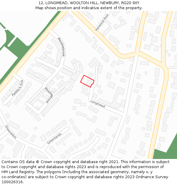 12, LONGMEAD, WOOLTON HILL, NEWBURY, RG20 9XY: Location map and indicative extent of plot