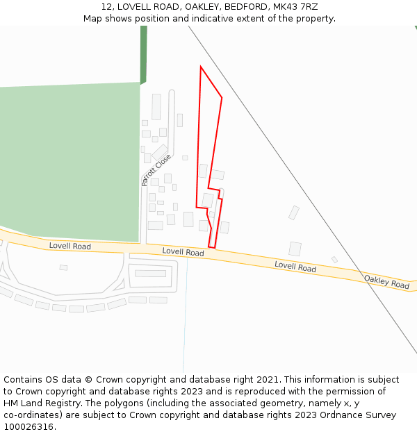 12, LOVELL ROAD, OAKLEY, BEDFORD, MK43 7RZ: Location map and indicative extent of plot