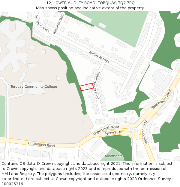 12, LOWER AUDLEY ROAD, TORQUAY, TQ2 7PQ: Location map and indicative extent of plot
