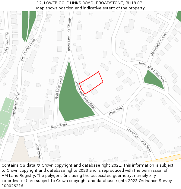 12, LOWER GOLF LINKS ROAD, BROADSTONE, BH18 8BH: Location map and indicative extent of plot