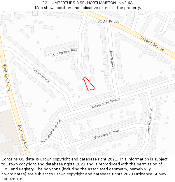 12, LUMBERTUBS RISE, NORTHAMPTON, NN3 6AJ: Location map and indicative extent of plot