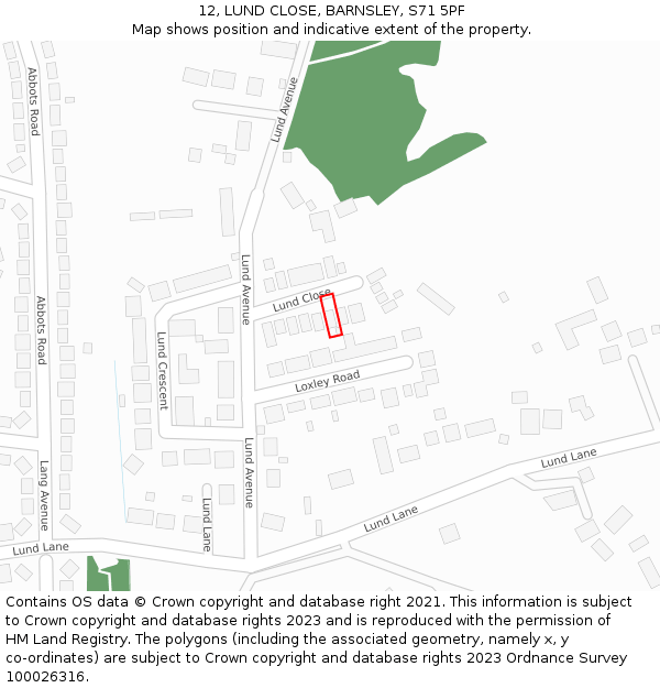 12, LUND CLOSE, BARNSLEY, S71 5PF: Location map and indicative extent of plot