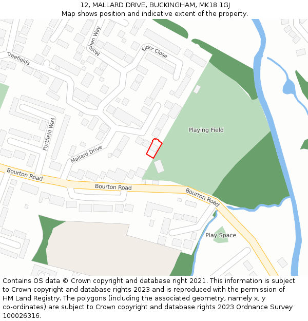 12, MALLARD DRIVE, BUCKINGHAM, MK18 1GJ: Location map and indicative extent of plot