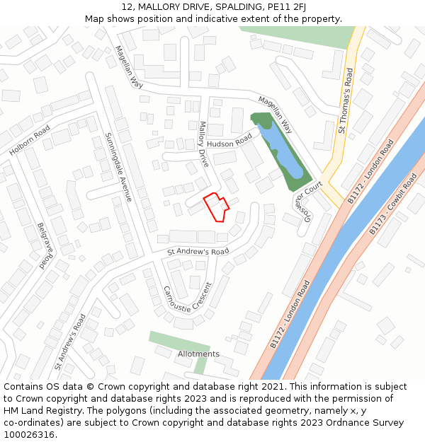 12, MALLORY DRIVE, SPALDING, PE11 2FJ: Location map and indicative extent of plot