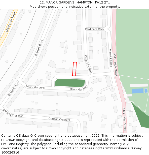 12, MANOR GARDENS, HAMPTON, TW12 2TU: Location map and indicative extent of plot