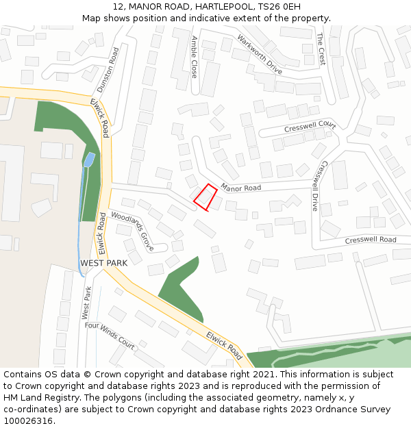 12, MANOR ROAD, HARTLEPOOL, TS26 0EH: Location map and indicative extent of plot