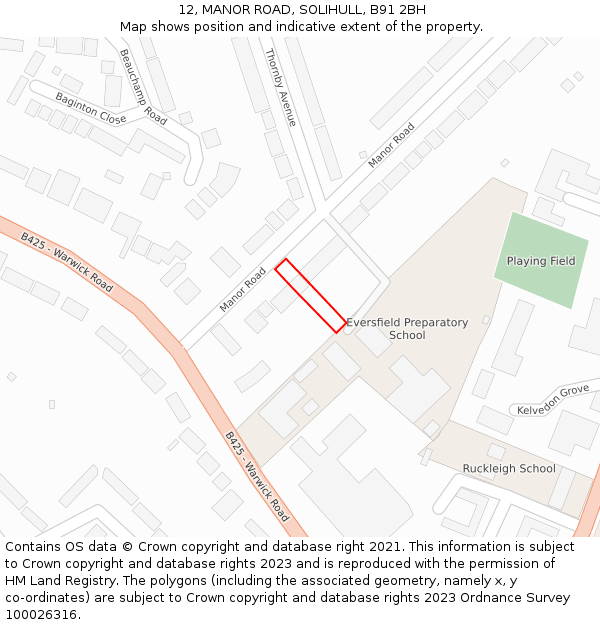 12, MANOR ROAD, SOLIHULL, B91 2BH: Location map and indicative extent of plot