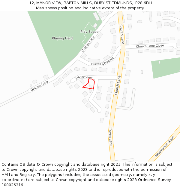 12, MANOR VIEW, BARTON MILLS, BURY ST EDMUNDS, IP28 6BH: Location map and indicative extent of plot