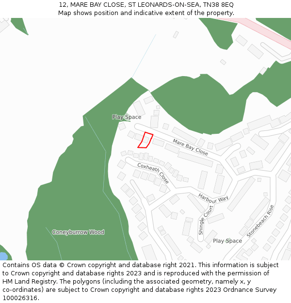 12, MARE BAY CLOSE, ST LEONARDS-ON-SEA, TN38 8EQ: Location map and indicative extent of plot