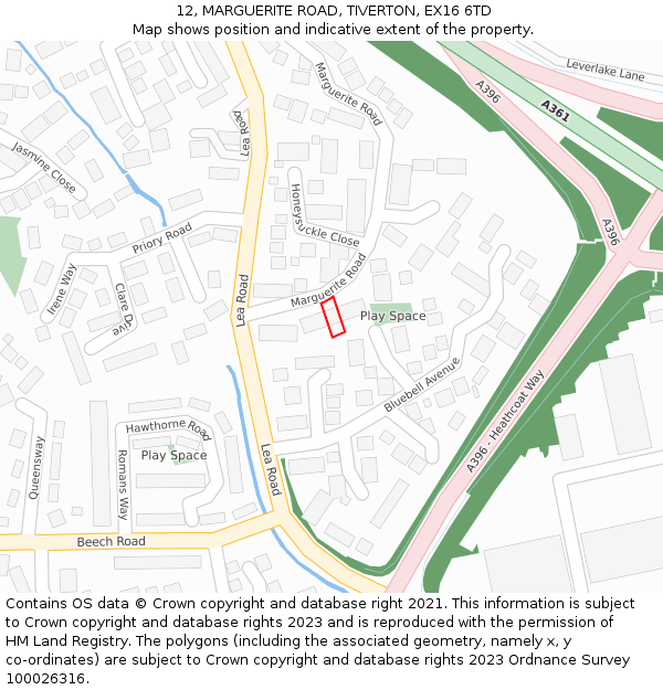 12, MARGUERITE ROAD, TIVERTON, EX16 6TD: Location map and indicative extent of plot