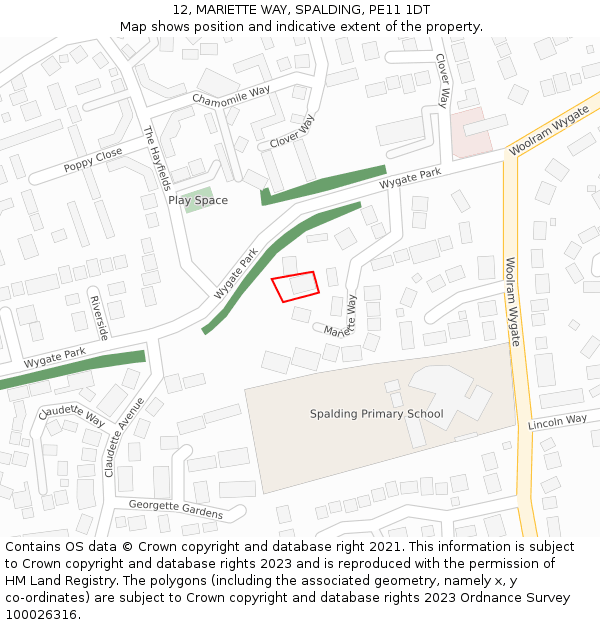 12, MARIETTE WAY, SPALDING, PE11 1DT: Location map and indicative extent of plot