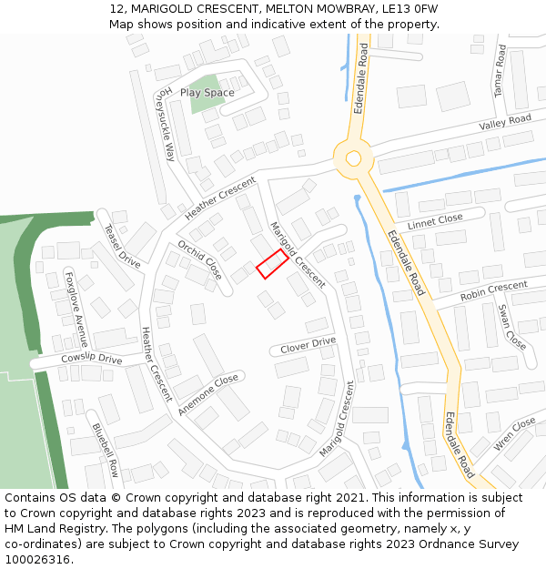 12, MARIGOLD CRESCENT, MELTON MOWBRAY, LE13 0FW: Location map and indicative extent of plot