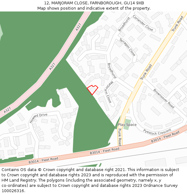 12, MARJORAM CLOSE, FARNBOROUGH, GU14 9XB: Location map and indicative extent of plot