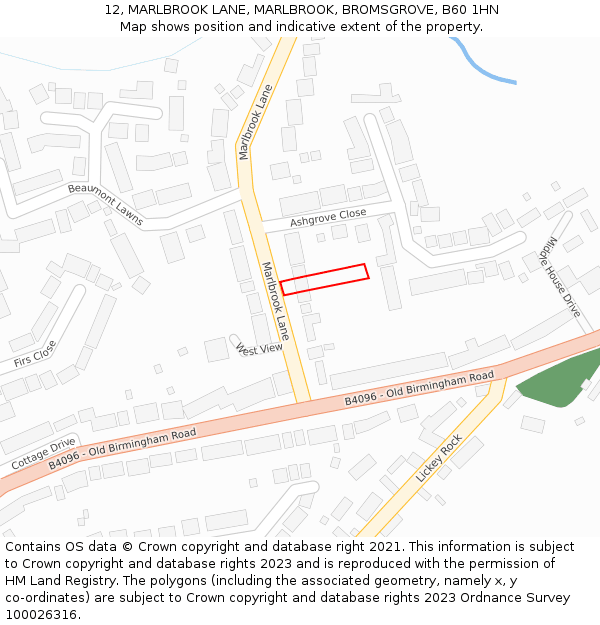 12, MARLBROOK LANE, MARLBROOK, BROMSGROVE, B60 1HN: Location map and indicative extent of plot