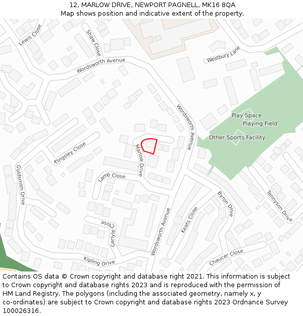 12, MARLOW DRIVE, NEWPORT PAGNELL, MK16 8QA: Location map and indicative extent of plot