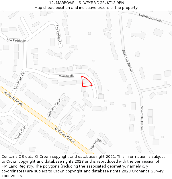 12, MARROWELLS, WEYBRIDGE, KT13 9RN: Location map and indicative extent of plot