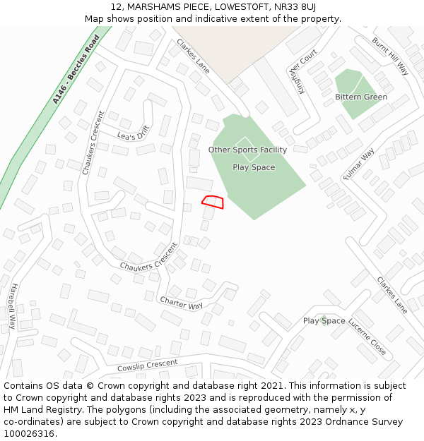 12, MARSHAMS PIECE, LOWESTOFT, NR33 8UJ: Location map and indicative extent of plot