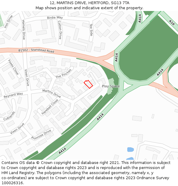 12, MARTINS DRIVE, HERTFORD, SG13 7TA: Location map and indicative extent of plot