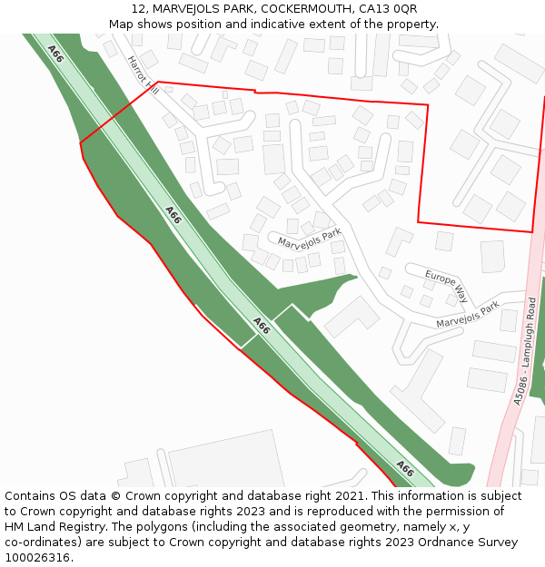 12, MARVEJOLS PARK, COCKERMOUTH, CA13 0QR: Location map and indicative extent of plot