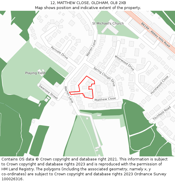 12, MATTHEW CLOSE, OLDHAM, OL8 2XB: Location map and indicative extent of plot