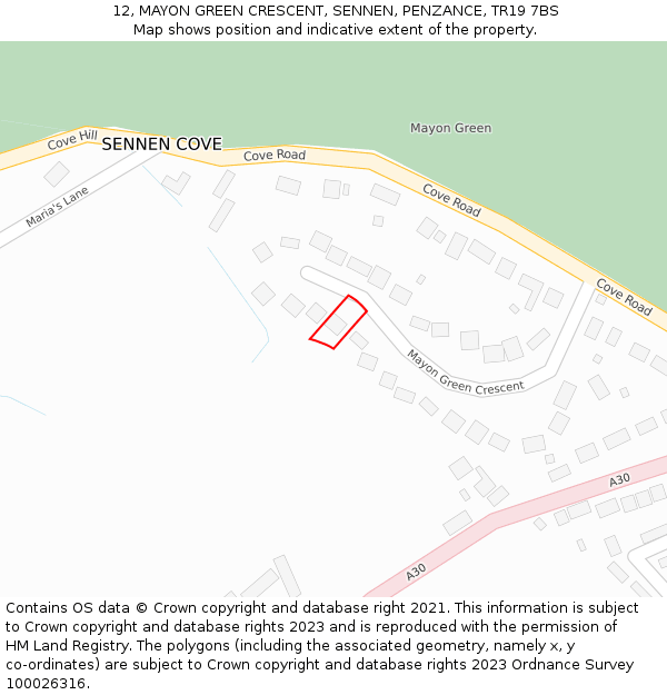 12, MAYON GREEN CRESCENT, SENNEN, PENZANCE, TR19 7BS: Location map and indicative extent of plot