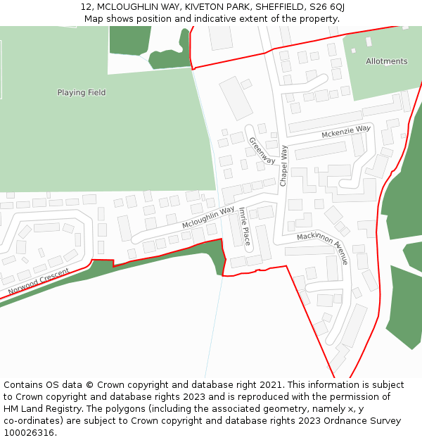 12, MCLOUGHLIN WAY, KIVETON PARK, SHEFFIELD, S26 6QJ: Location map and indicative extent of plot