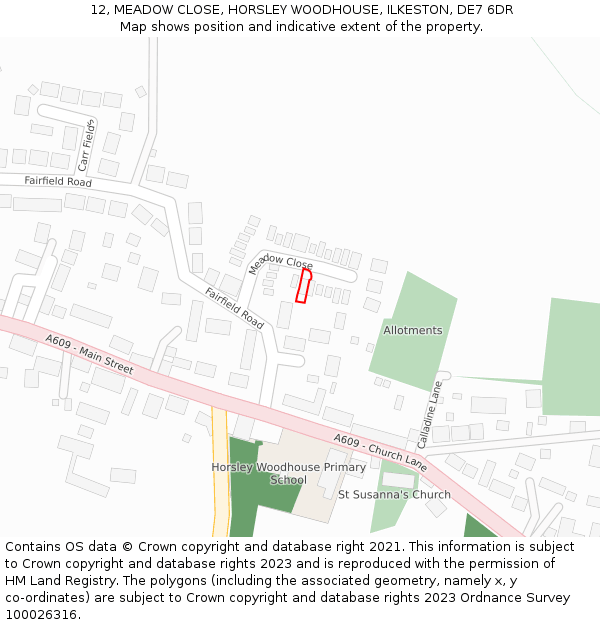 12, MEADOW CLOSE, HORSLEY WOODHOUSE, ILKESTON, DE7 6DR: Location map and indicative extent of plot